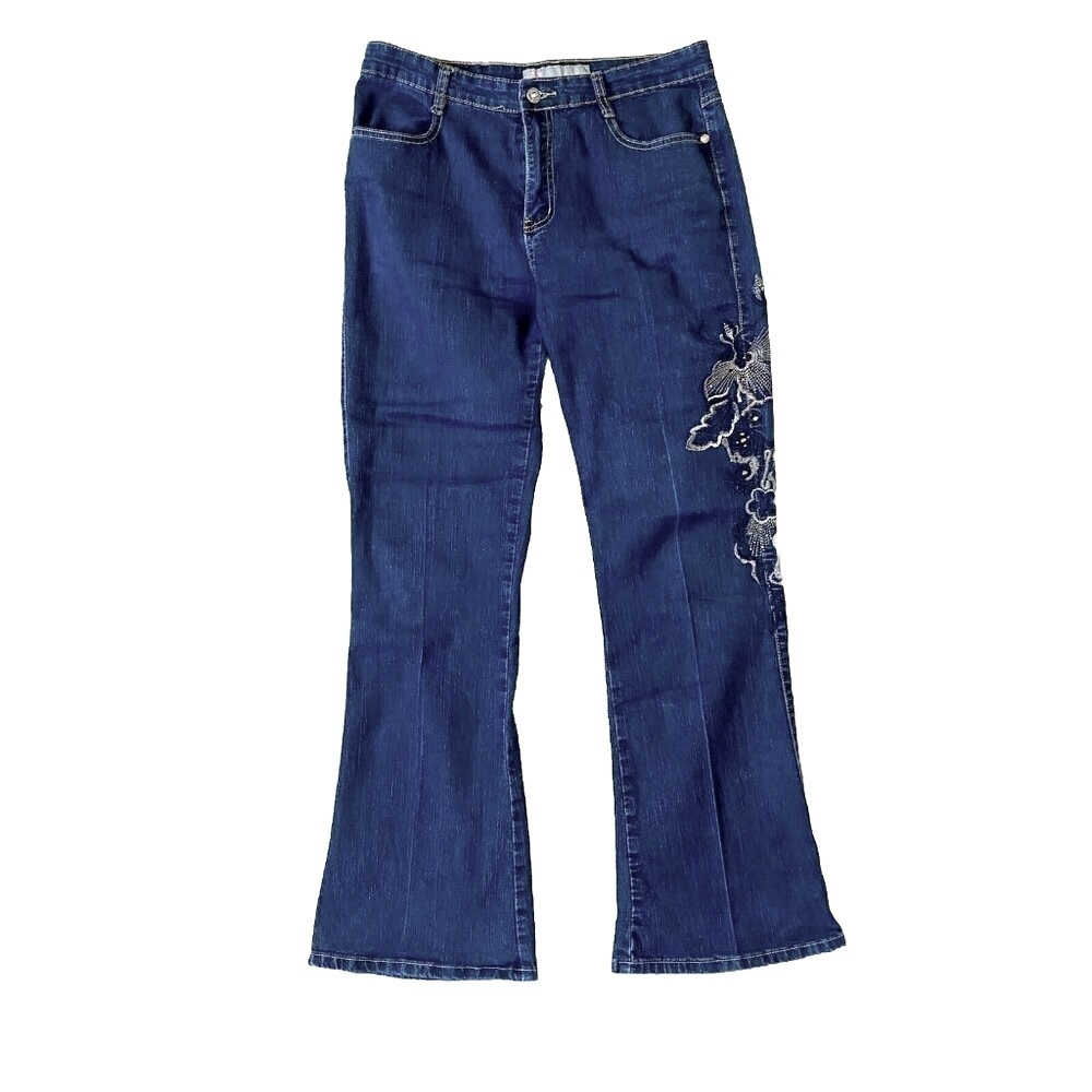 COS Jeans Bootcut Leg Denim Women's Size 10 Blue Dark Wash Mid Rise Embr…